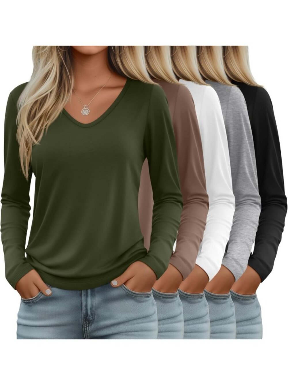 5 Pack Women's V-Neck Long Sleeve Layering Tops - Versatile Casual Shirts